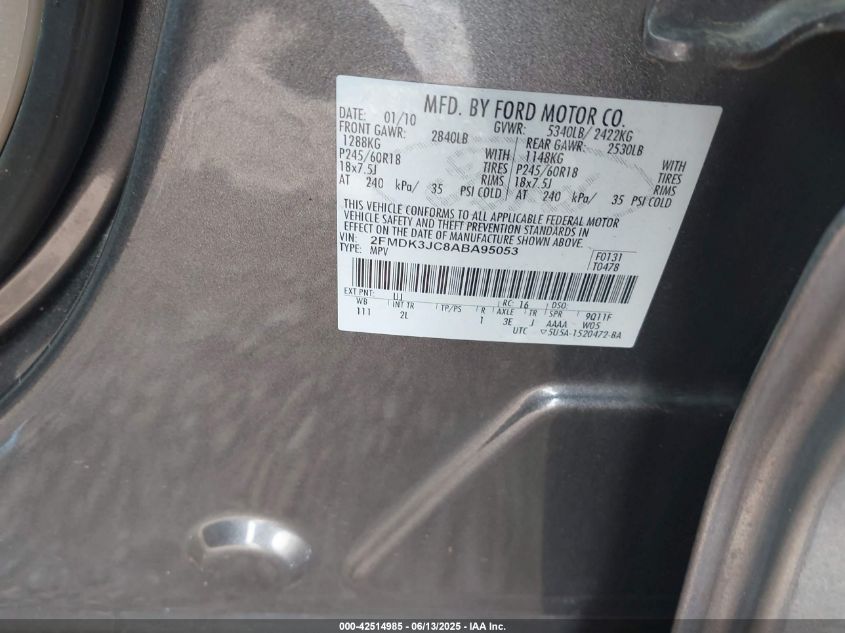 2010 Ford Edge Sel VIN: 2FMDK3JC8ABA95053 Lot: 42514985