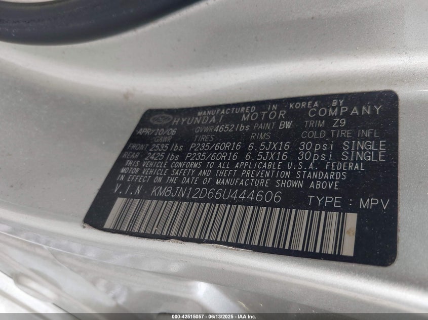 2006 HYUNDAI TUCSON VIN: KM8JN12D66U444606