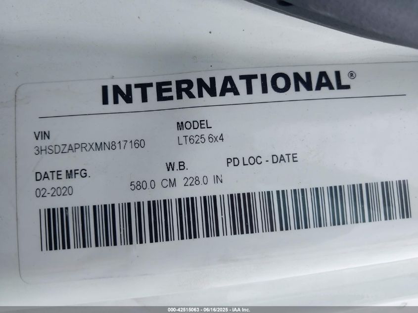 2021 International Lt VIN: 3HSDZAPRXMN817160 Lot: 42515063