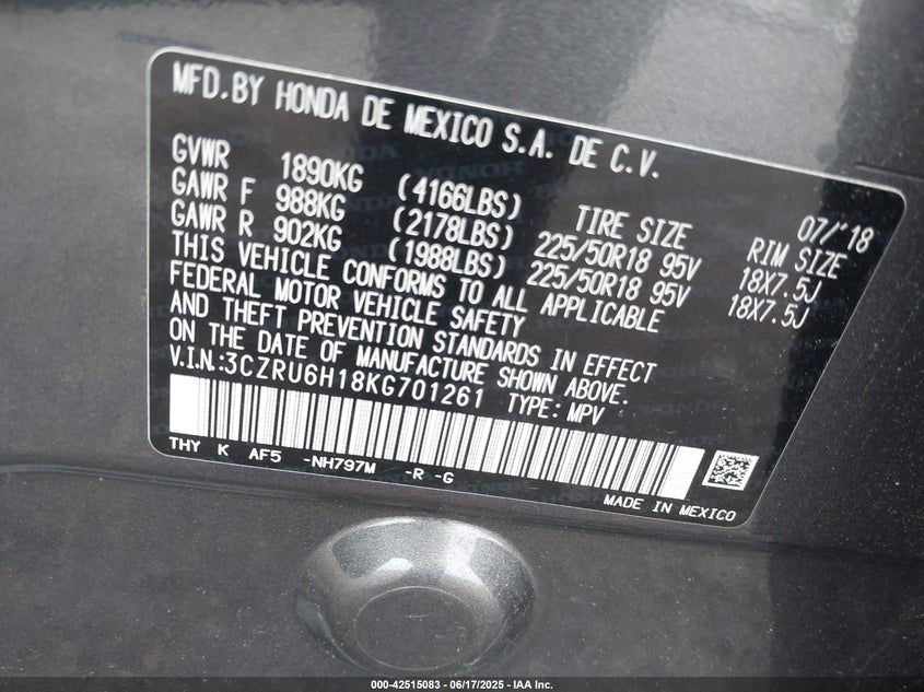 VIN 3CZRU6H18KG701261 2019 HONDA HR-V SPORT