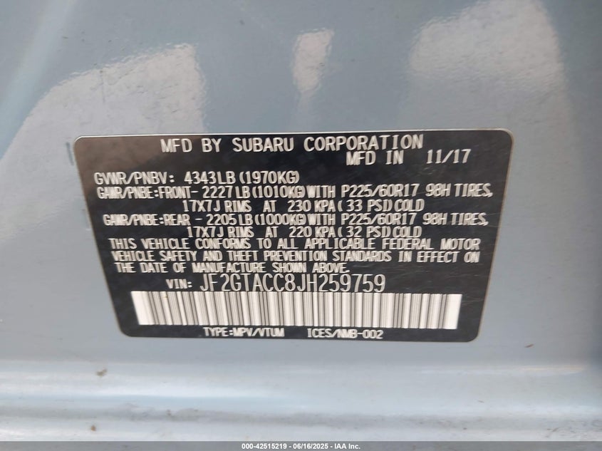 VIN JF2GTACC8JH259759 2018 SUBARU CROSSTREK 2.0I PREMIUM
