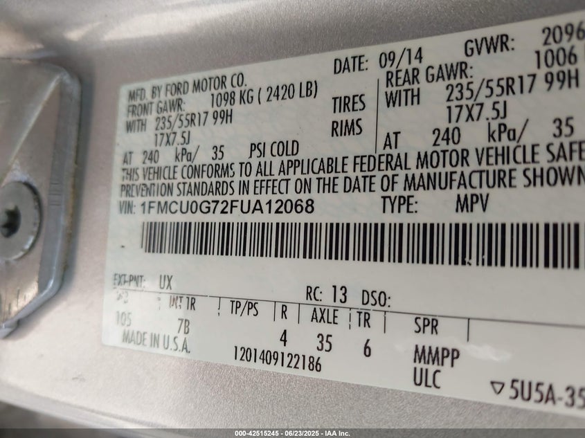 2015 FORD ESCAPE VIN: 1FMCU0G72FUA12068