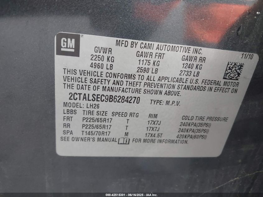 2011 GMC Terrain Sle-2 VIN: 2CTALSEC9B6224270 Lot: 42515301