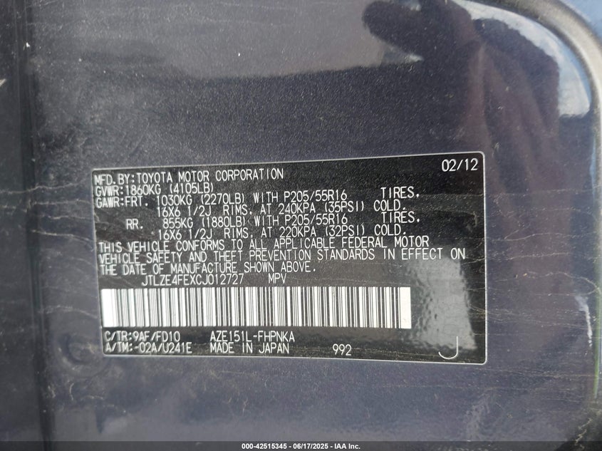 2012 SCION XB VIN: JTLZE4FEXCJ012727