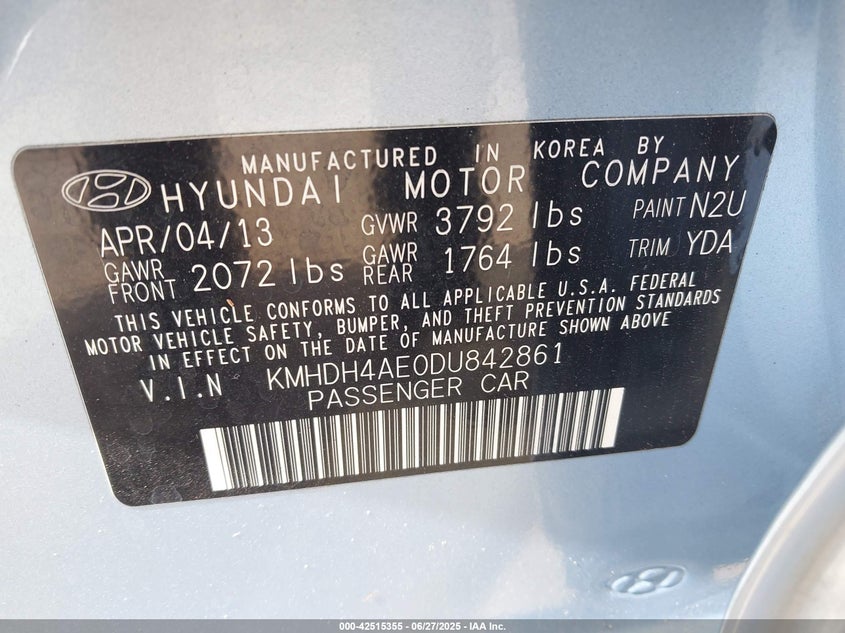 2013 HYUNDAI ELANTRA VIN: KMHDH4AE0DU842861
