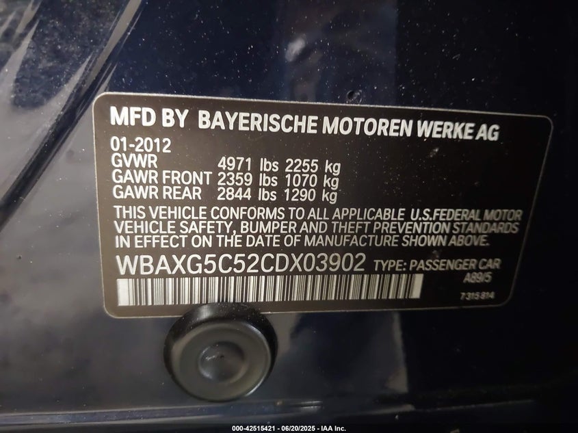 2012 BMW 528I VIN: WBAXG5C52CDX03902