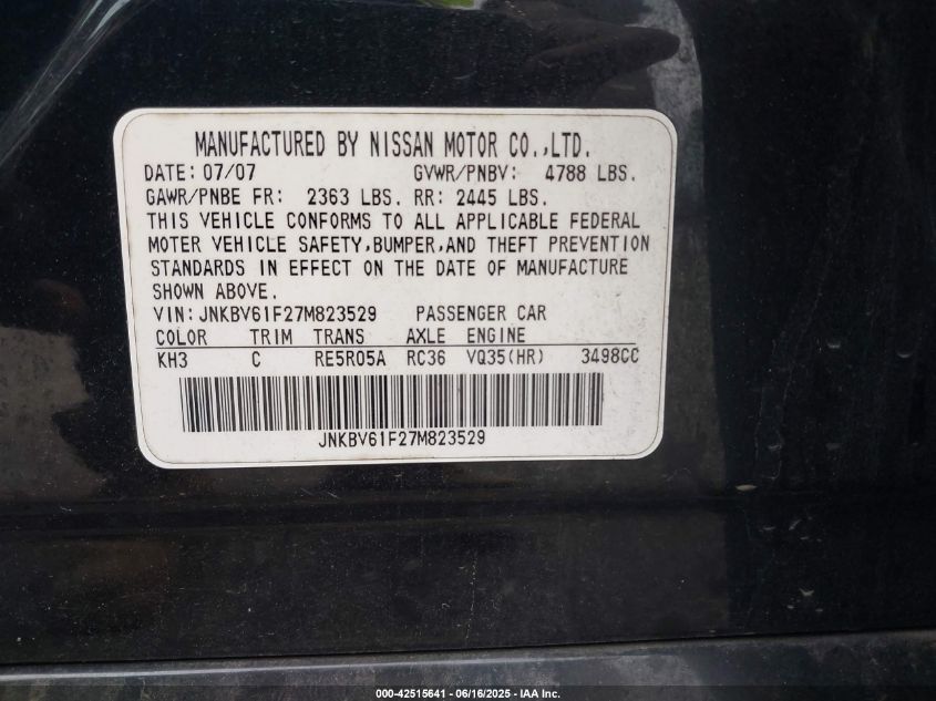 2007 Infiniti G35 VIN: 0JNKBV61F27M82352 Lot: 42515641