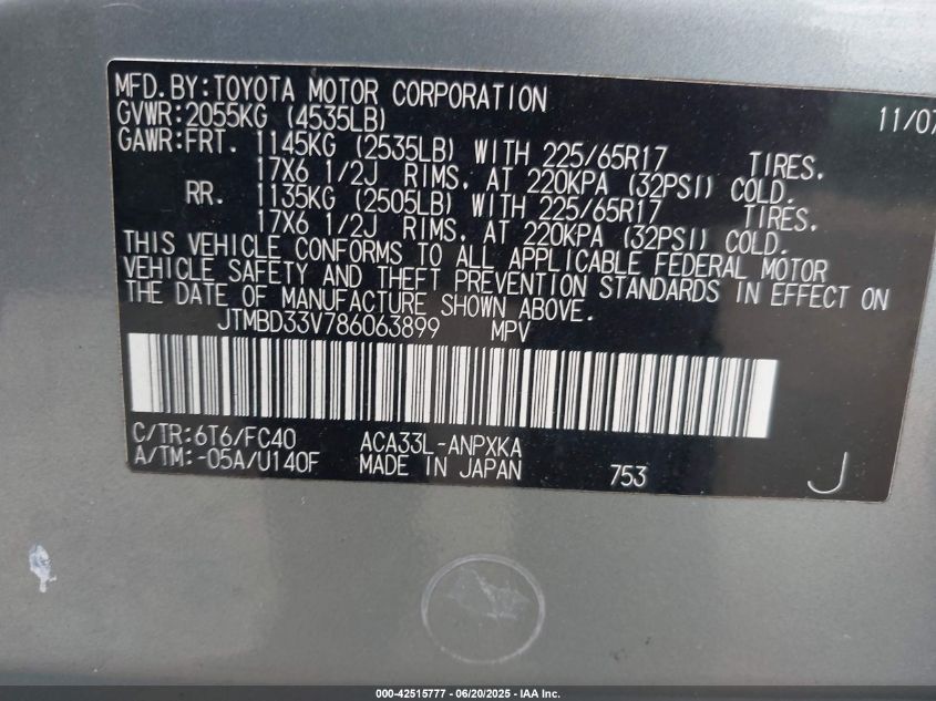 2008 Toyota Rav4 VIN: JTMBD33V786063899 Lot: 42515777