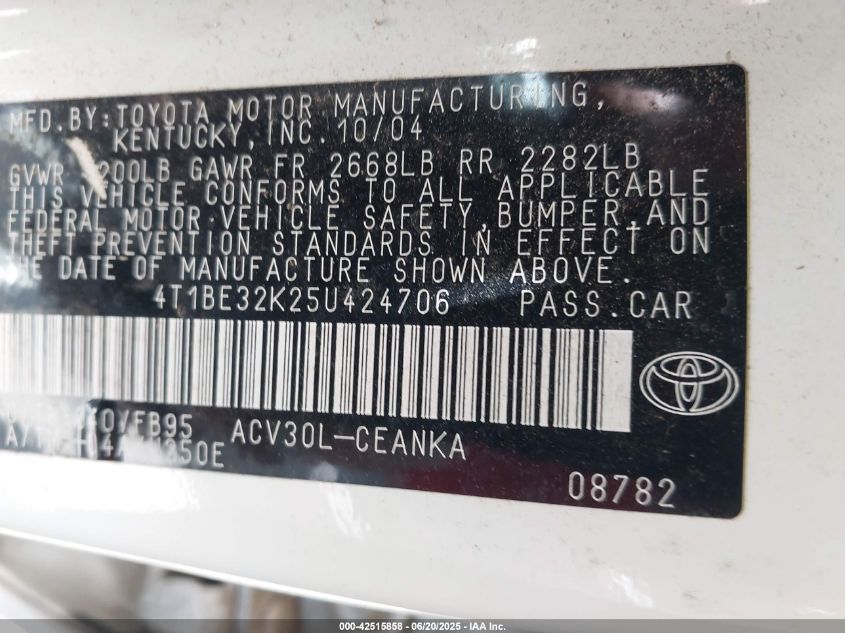 2005 Toyota Camry Le VIN: 4T1BE32K25U424706 Lot: 42515858