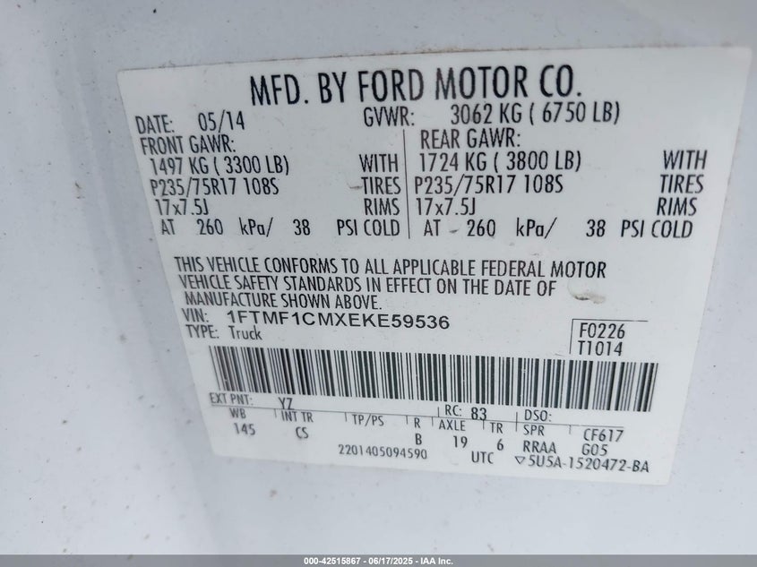 2014 FORD F-150 VIN: 1FTMF1CMXEKE59536