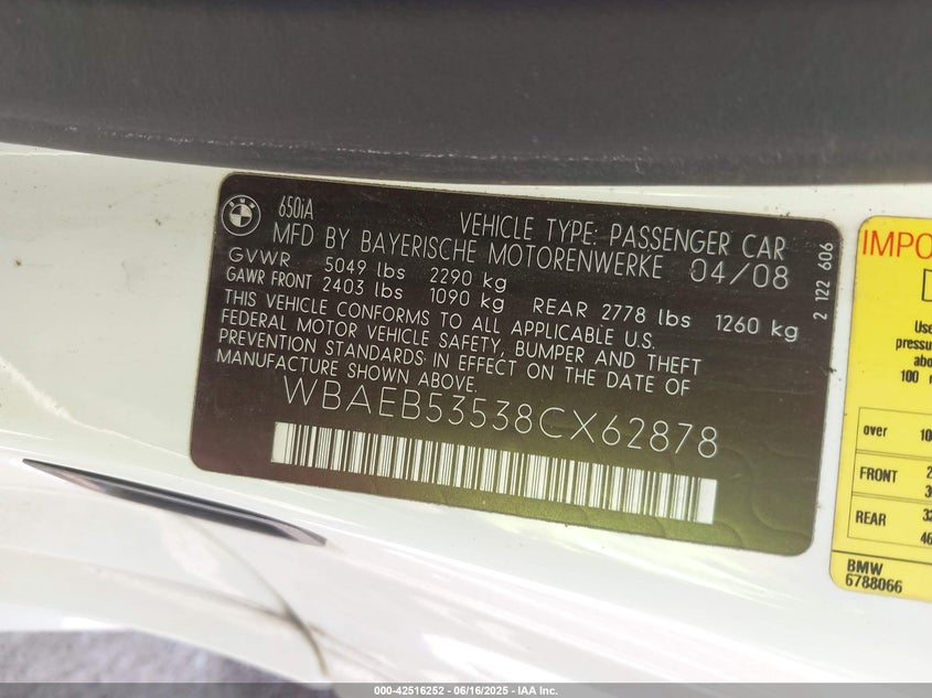 2008 BMW 650I VIN: WBAEB53538CX62878 Lot: 42516252