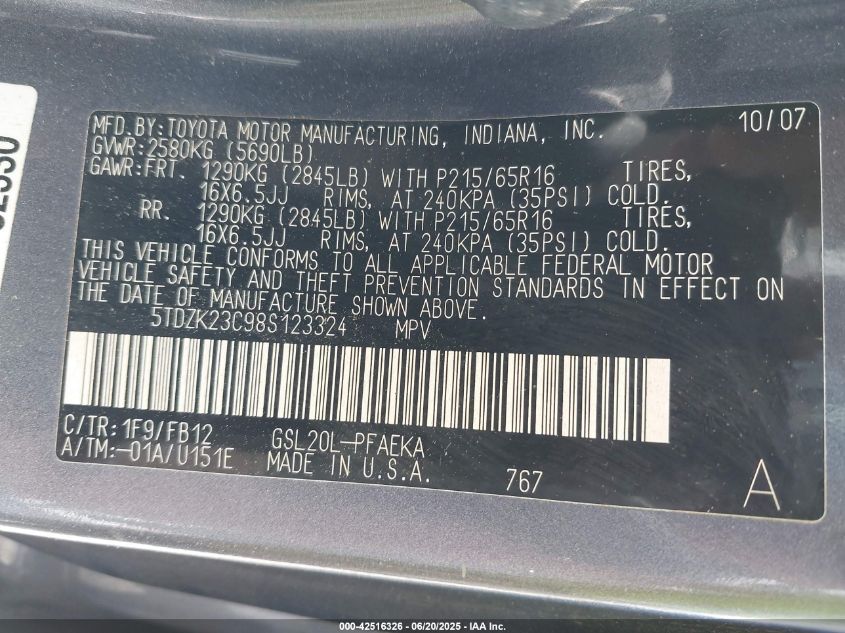 2008 Toyota Sienna Ce VIN: 5TDZK23C98S123324 Lot: 42516326