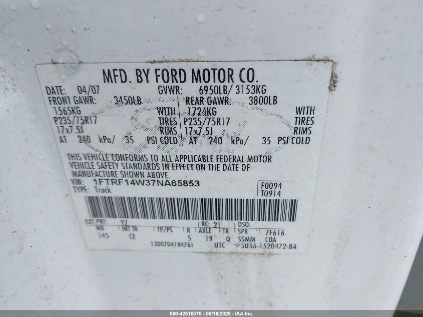 2007 Ford F-150 Stx/Xl/Xlt VIN: 1FTRF14W37NA65853 Lot: 42516376