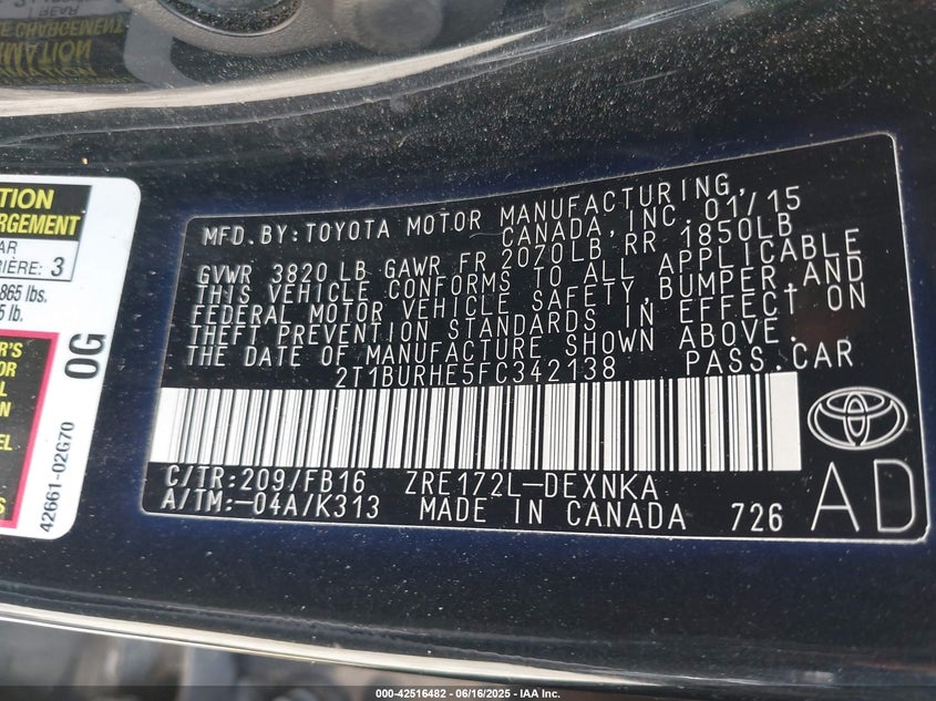 2015 Toyota Corolla VIN: 2T1BUR8E5FC342138 Lot: 42516482