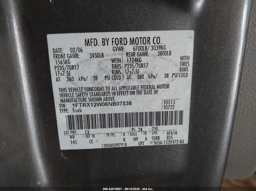 2006 Ford F-150 Stx/Xl/Xlt VIN: 1FTRX12W06NB07538 Lot: 42516557