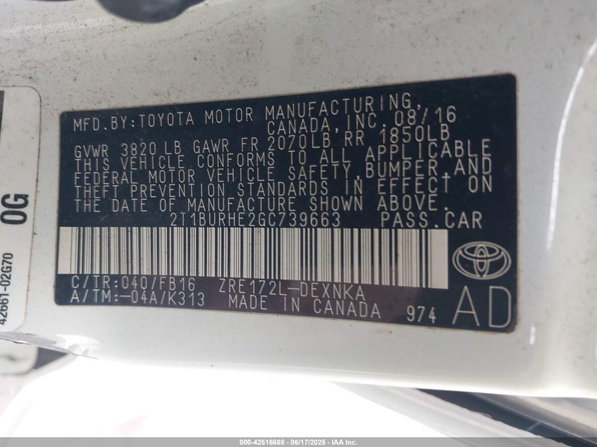 2016 TOYOTA COROLLA VIN: 2T1BURHE2GC739663