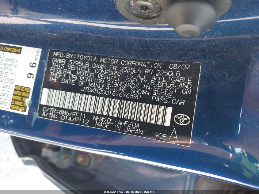 2008 Toyota Prius Touring VIN: JTDKB20U187696890 Lot: 42516747