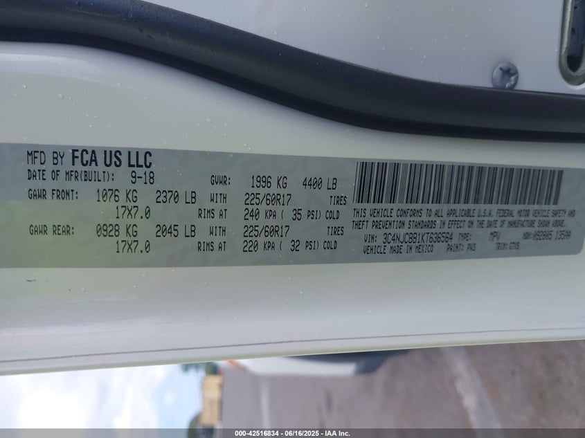 VIN 3C4NJCBB1KT636564 2019 JEEP COMPASS SUN AND WHEEL FWD