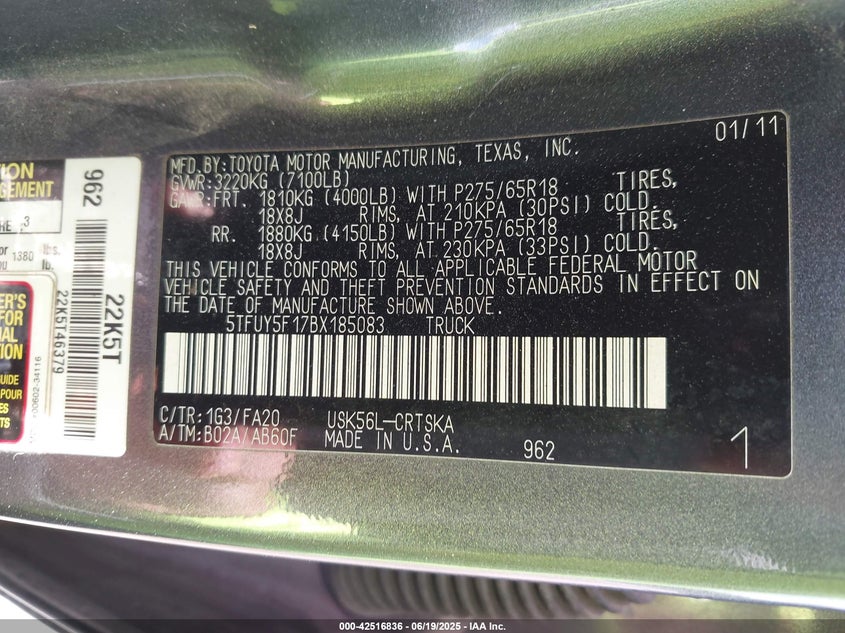 2011 TOYOTA TUNDRA VIN: 5TFUY5F17BX185083