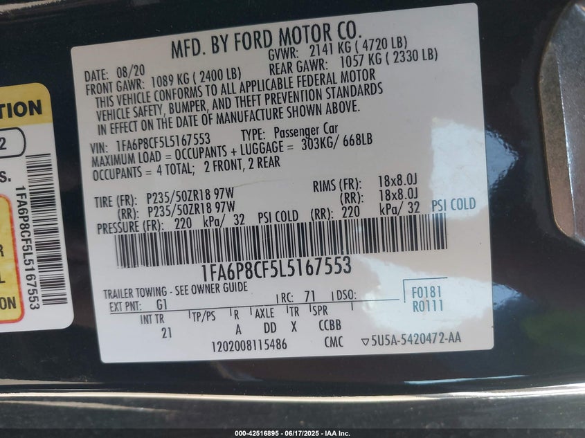 2020 FORD MUSTANG GT FASTBACK - 1FA6P8CF5L5167553