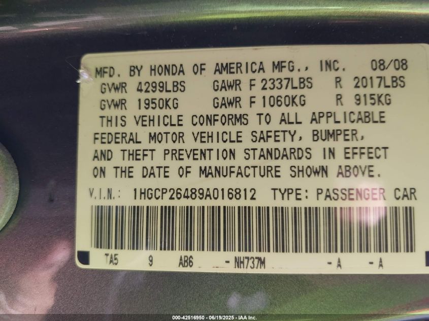 2009 Honda Accord 2.4 Lx-P VIN: 1HGCP26489A016812 Lot: 42516950
