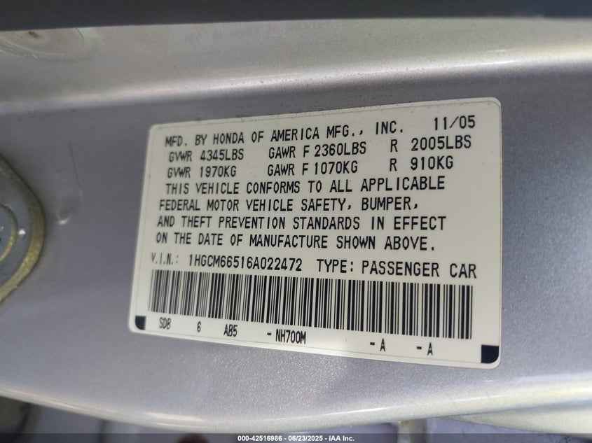 2006 HONDA ACCORD VIN: 1HGCM66516A022472