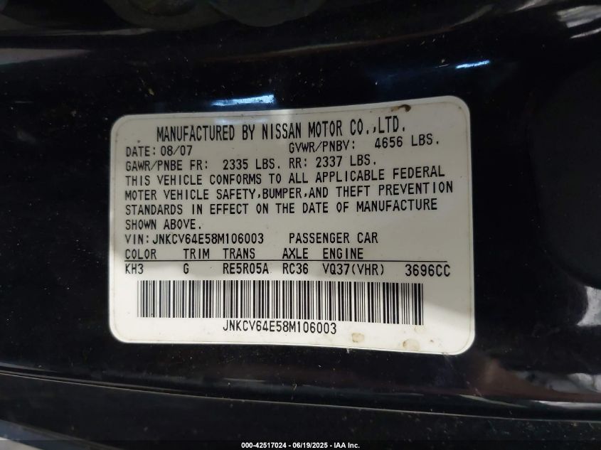 2008 Infiniti G37 Journey VIN: JNKCV64E58M106003 Lot: 42517024