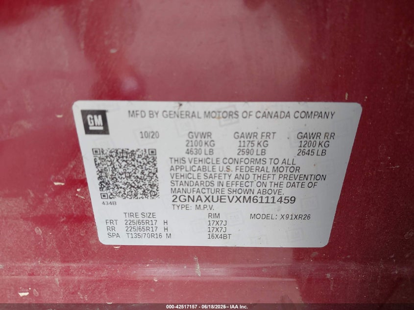 VIN 2GNAXUEVXM6111459 2021 CHEVROLET EQUINOX AWD LT
