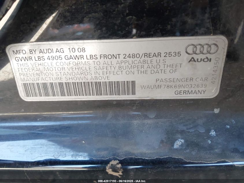 2009 Audi A4 2.0T Premium VIN: WAUMF78K69N032639 Lot: 42517193