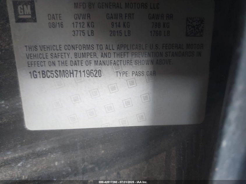 2017 Chevrolet Cruze Ls Auto VIN: 1G1BC5SM8H7119620 Lot: 42517260