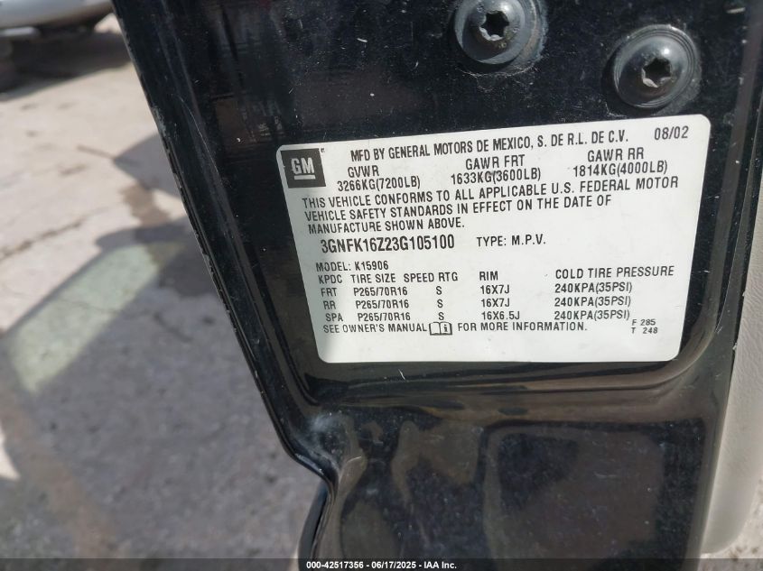 2003 Chevrolet Suburban 1500 Lt VIN: 3GNFK16Z23G105100 Lot: 42517356