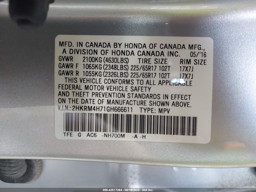 2016 HONDA CR-V VIN: 2HKRM4H71GH666611
