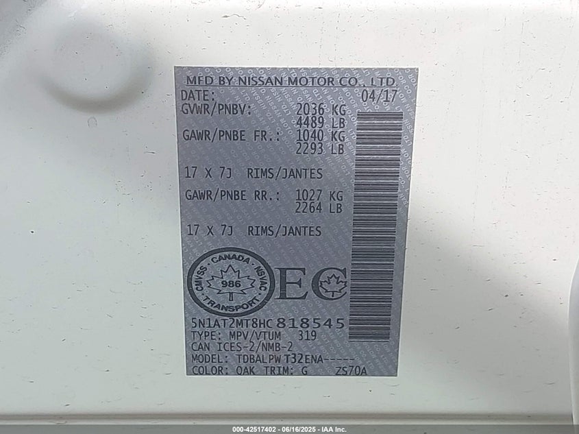2017 NISSAN ROGUE S/SL/SV - 5N1AT2MT8HC818545