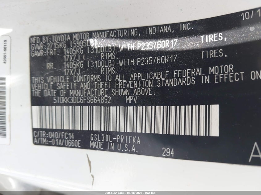 2015 Toyota Sienna Le 7 Passenger/Le 8 Passenger VIN: 5TDKK3DC6FS664852 Lot: 42517486