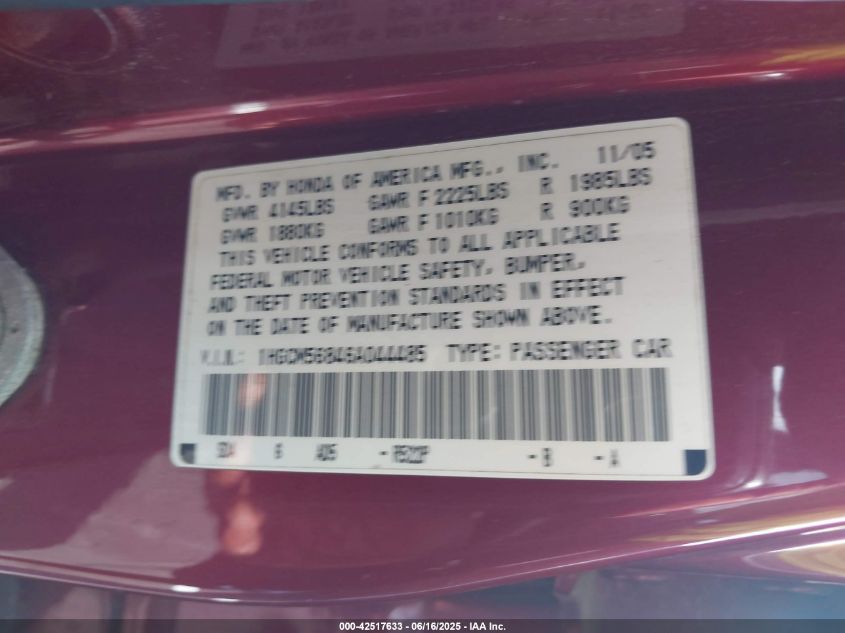 2006 Honda Accord 2.4 Ex VIN: 1HGCM56846A044485 Lot: 42517633