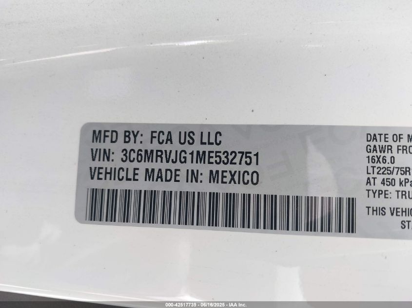 2021 Ram Promaster 3500 Cargo Van High Roof 159 Wb Ext VIN: 3C6MRVJG1ME532751 Lot: 42517739