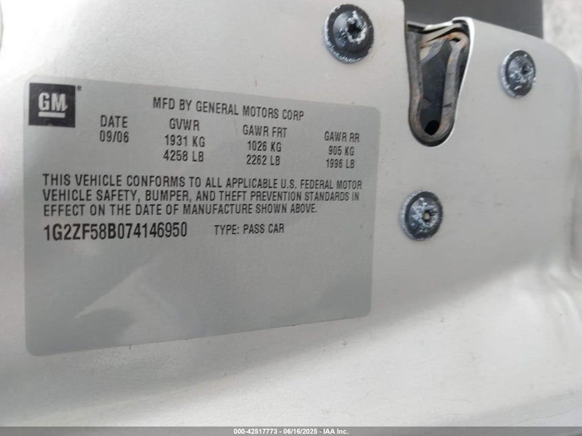 2007 PONTIAC G6 VIN: 1G2ZF58B074146950