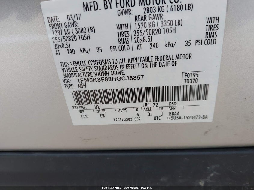 VIN 1FM5K8F88HGC36857 2017 FORD EXPLORER LIMITED