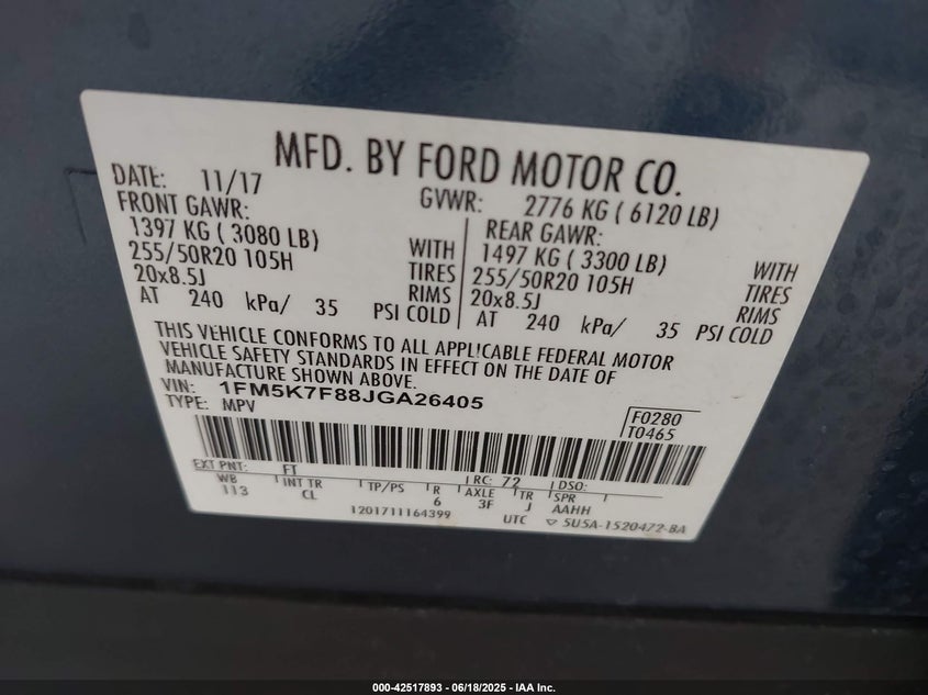 VIN 1FM5K7F88JGA26405 2018 FORD EXPLORER LIMITED