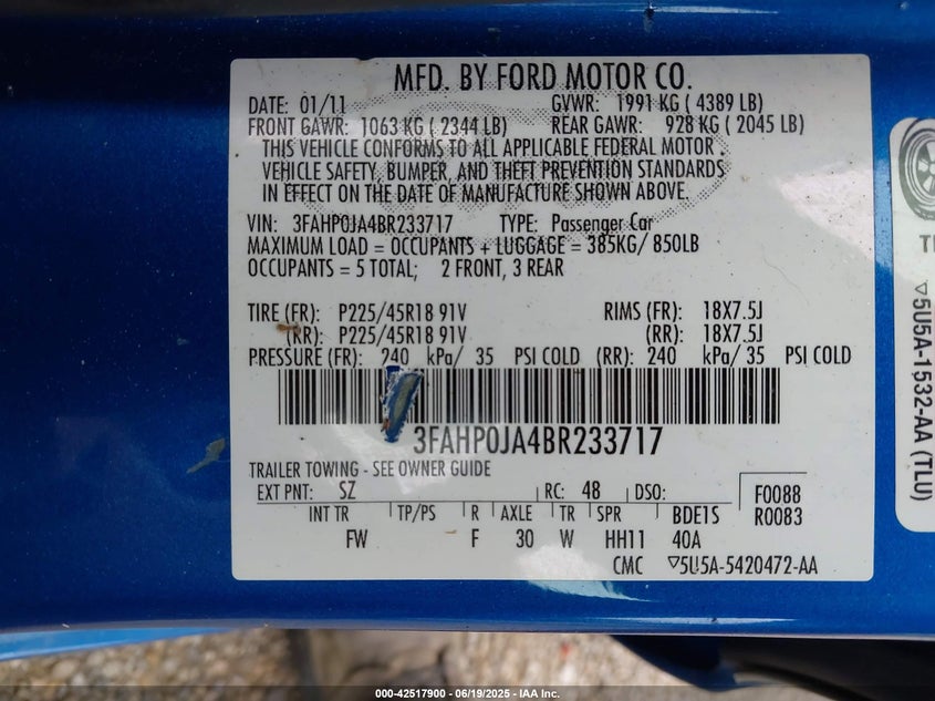 2011 FORD FUSION VIN: 3FAHP0JA4BR233717