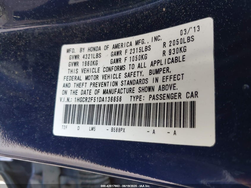 2013 HONDA ACCORD VIN: 1HGCR2F51DA136656