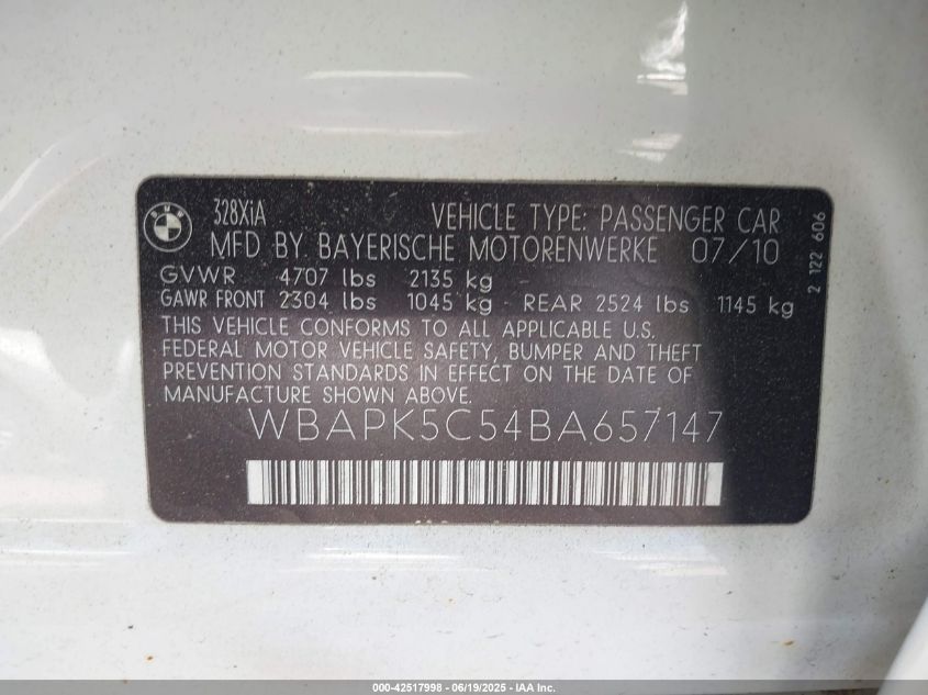 2011 BMW 328I xDrive VIN: WBAPK5C54BA657147 Lot: 42517998