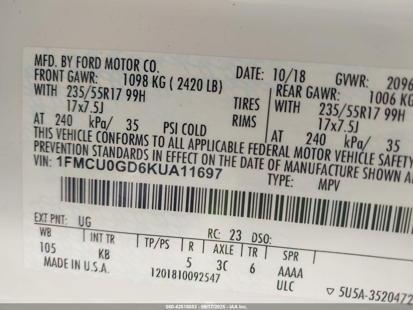 2019 FORD ESCAPE SE - 1FMCU0GD6KUA11697