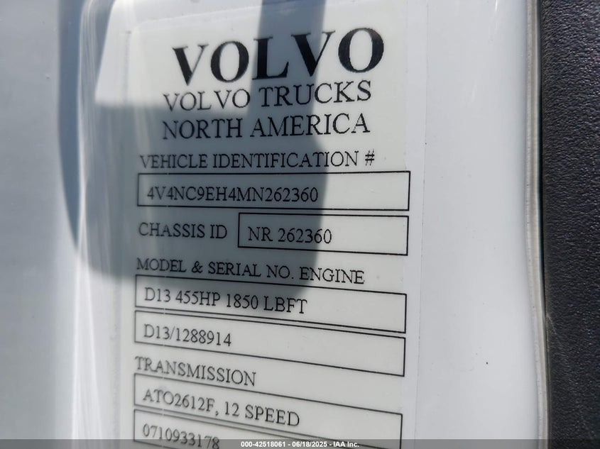 2021 Volvo Vnl VIN: 4V4NC9EH4MN262360 Lot: 42518061