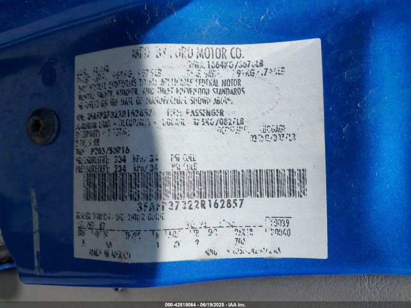 2002 Ford Focus Zx5 VIN: 3FAFP37322R162857 Lot: 42518064