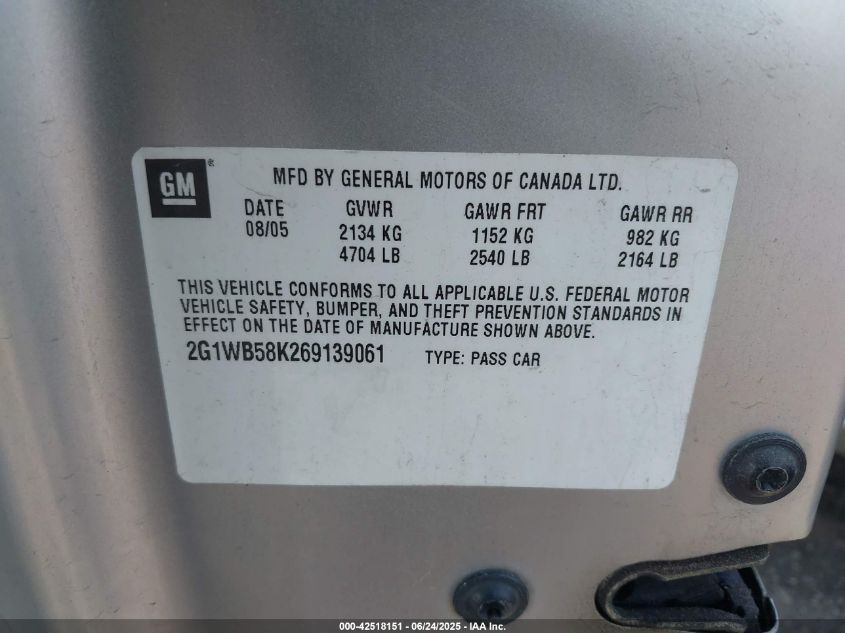2006 Chevrolet Impala Ls VIN: 2G1WB58K269139061 Lot: 42518151
