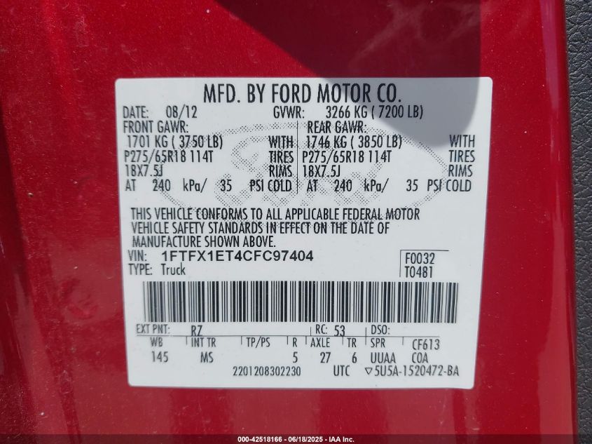 2012 Ford F-150 Xlt VIN: 1FTFX1ET4CFC97404 Lot: 42518166