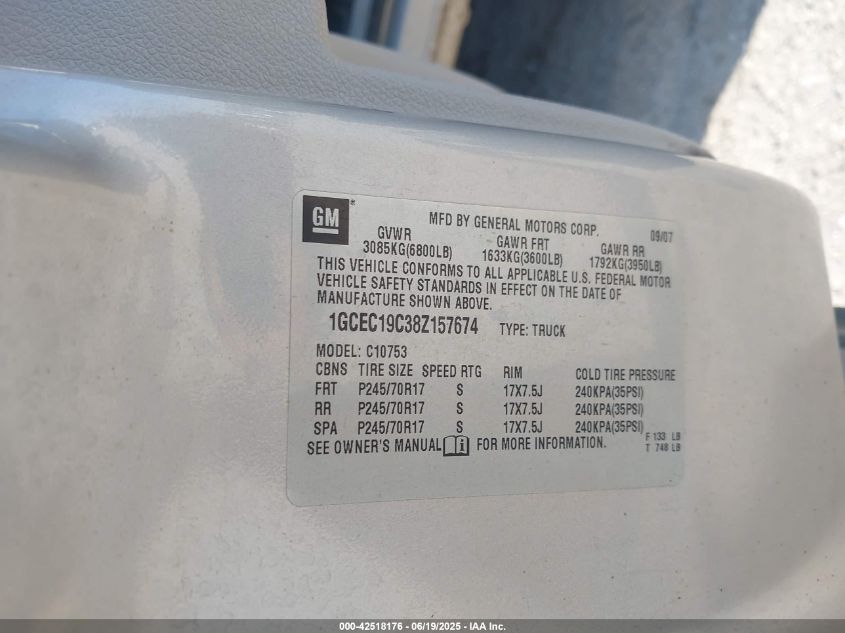 2008 Chevrolet Silverado 1500 Lt1 VIN: 1GCEC19C38Z157674 Lot: 42518176