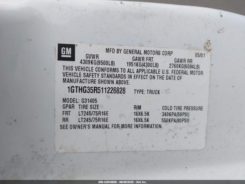 2001 GMC Savana Standard VIN: 1GTHG35R511226828 Lot: 42518292