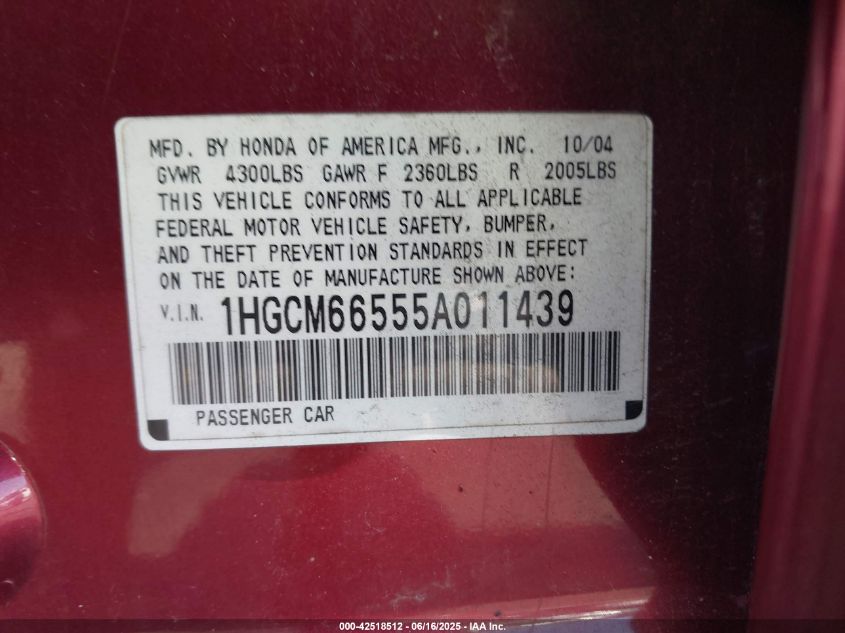 2005 Honda Accord 3.0 Ex VIN: 1HGCM66555A011439 Lot: 42518512